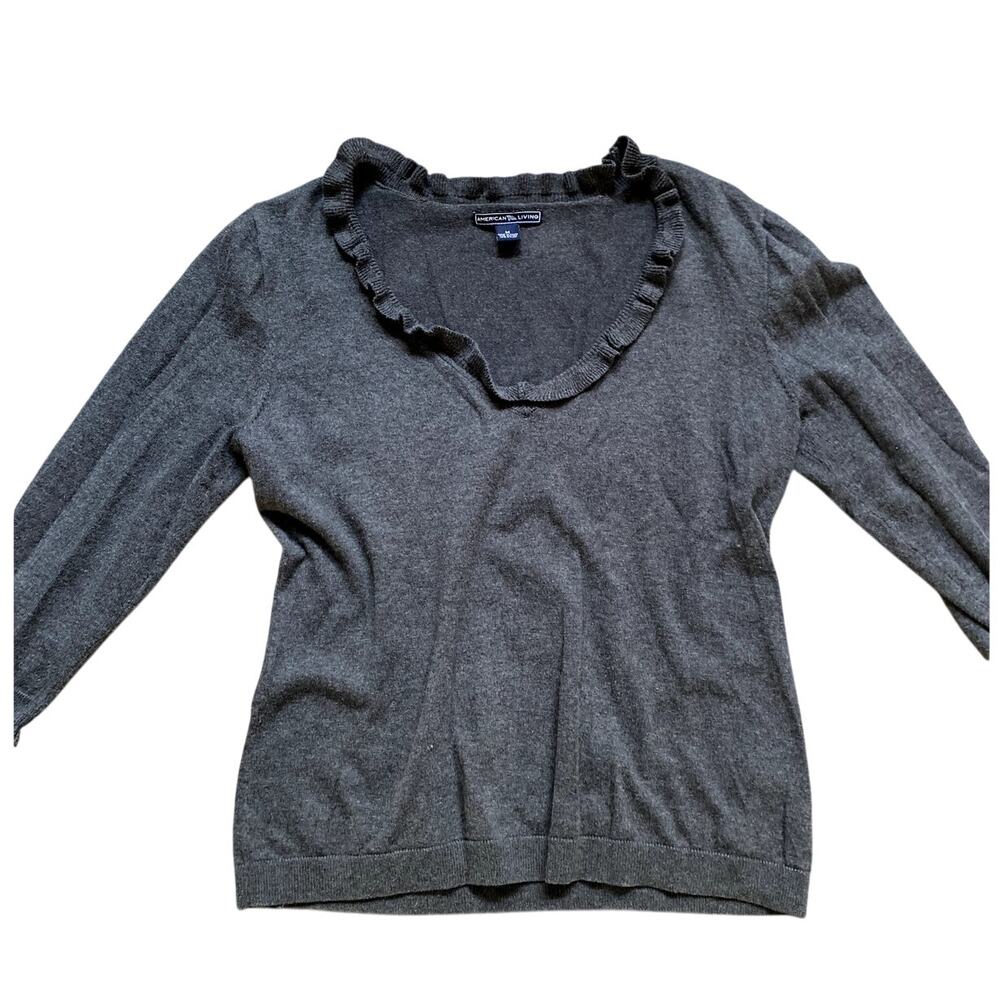 American Living Knit Ruffle‎ Medium Gray Sweater Twee Coquette Heritage Academia